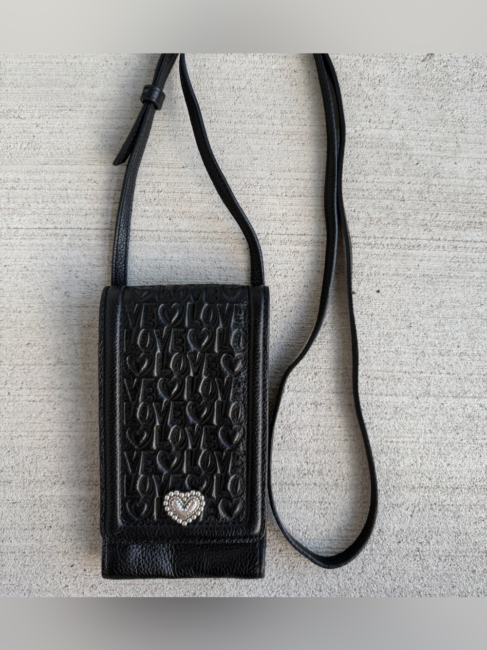 Brighton Leather Phone Crossbody Wallet Bag Black Embossed Love Hearts - Picture 1 of 6